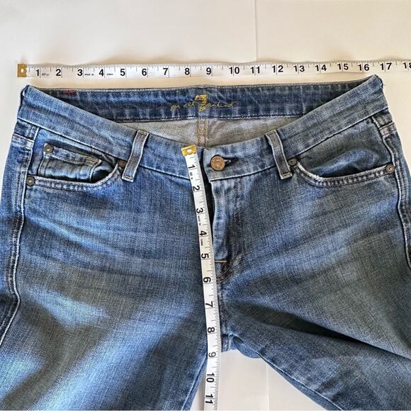 7 For All Mankind Blue Distressed Denim Flare Leg Jeans Style# U130j055u-055u - Picture 5 of 10
